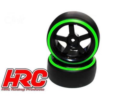 HRC Racing Reifen 1/10 Drift montiert 5-Spoke Felgen 3mm Offset Dual Color Slick Schwarz/Grün