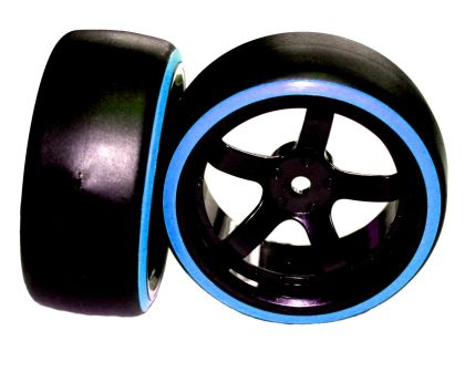 HRC Racing Reifen 1/10 Drift montiert 5-Spoke Felgen 6mm Offset Dual Color Slick Schwarz/Blau
