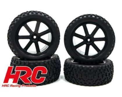 HRC Racing Blocker Reifen 1/10 Buggy montiert Schwarz 7-Spoke Felgen 4WD vorne und hinten 12mm HRC61108K