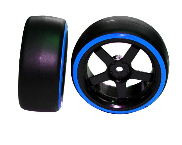HRC Racing Reifen 1/10 Drift montiert 5-Spoke Felgen 3mm Offset Dual Color Slick Schwarz/Blau