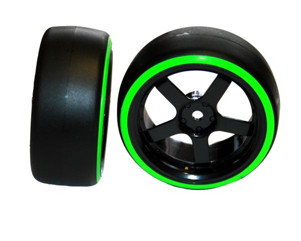 HRC Racing Reifen 1/10 Drift montiert 5-Spoke Felgen 3mm Offset Dual Color Slick Schwarz/Grün