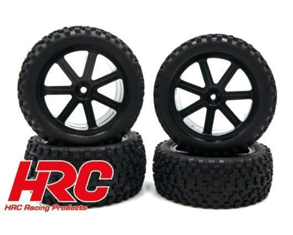 HRC Racing Blocker Reifen 1/10 Buggy montiert Schwarz 7-Spoke Felgen 4WD vorne und hinten 12mm HRC61108K